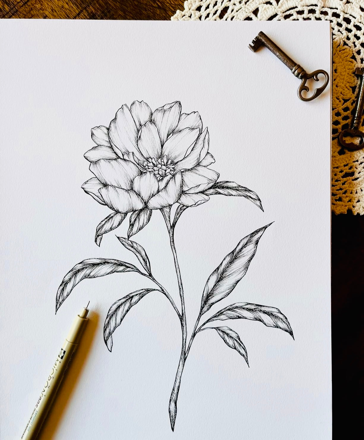 Original Floral Drawing New Blooming Flower Pen Sketch on A4 or A3 Cartridge 130 gsm Paper (NO FRAME) - Limited Edition