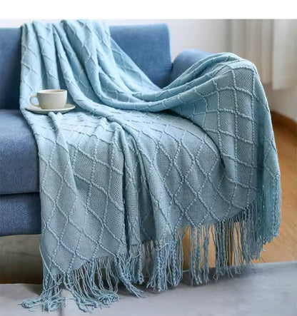 Knitted Throw Blanket for Beds Sofa with Tassel Gray Blue Solid Textured Plaid Sofa Cover Nordic Home soft Nap Custom Blanket Home Beddings