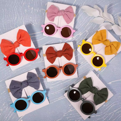 New 2Pcs/Pack Vintage Kids Bows Headband Round Sunglasses Children Sun Glasses Protection Glasses Baby Hair Kids Accessories UK