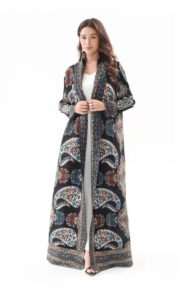 New Women Abaya Vintage Printed Design Lapel Long Sleeved Cardigan Loose Big Collar Tied Arabian Luxury Burqa  UK