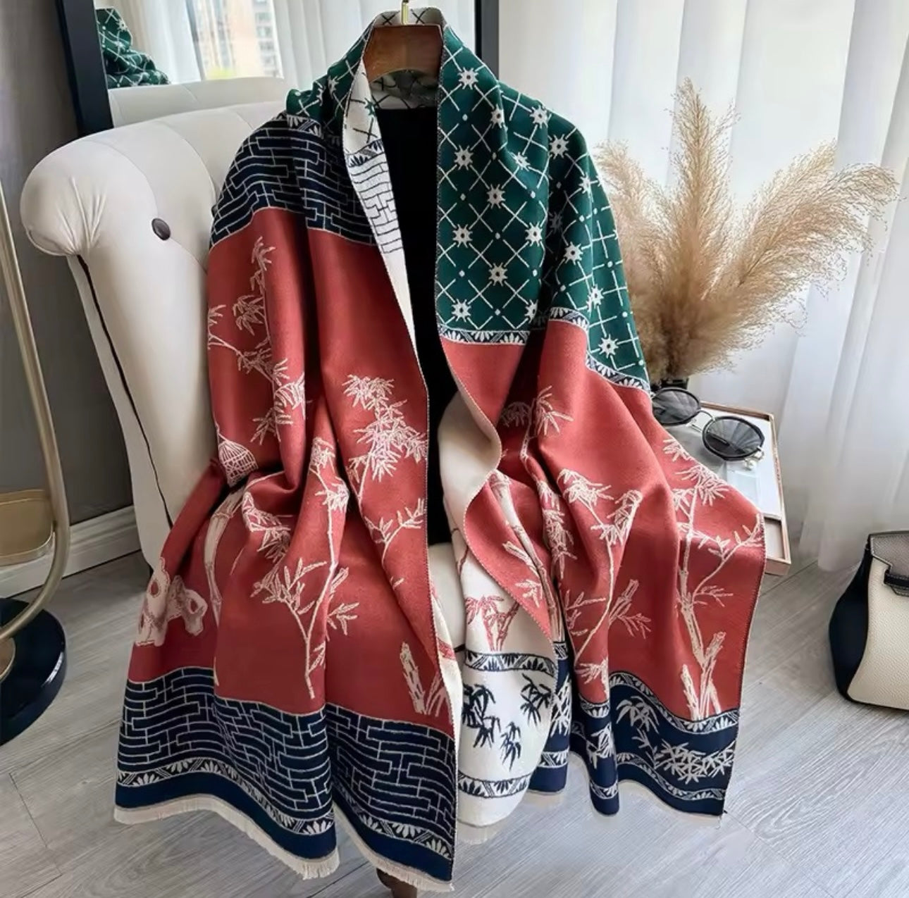 New Luxury Women Floral Cashmere Touch Landscape Scarf - Warm Fringe Pashmina Shawl Bufanda UK