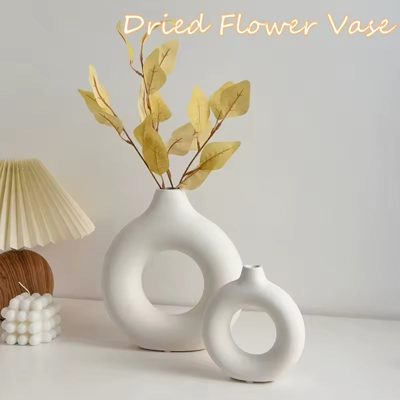 Imitation Ceramic Pure White Vase Decorative Vasen Single Branch Flower Arranging Ornament Donut Design Flowerpot Table Home Decor