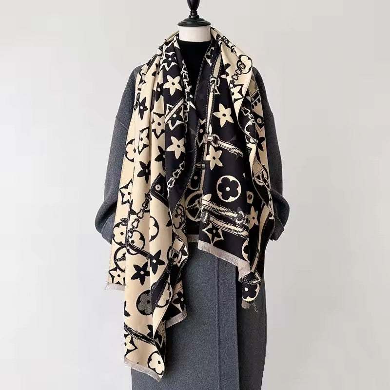 New Luxury Women Floral Cashmere Touch Flower Scarf - Warm Fringe Pashmina Shawl Bufanda UK