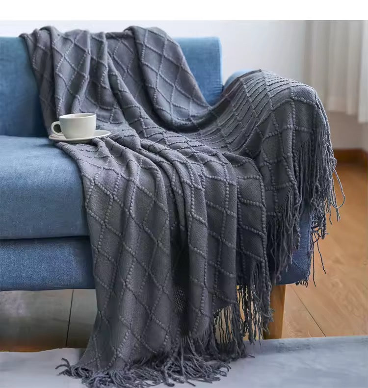 Knitted Throw Blanket for Beds Sofa with Tassel Gray Blue Solid Textured Plaid Sofa Cover Nordic Home soft Nap Custom Blanket Home Beddings