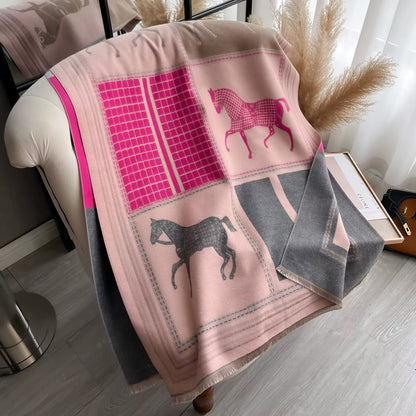 New Luxury Women Limited Edition Horse Design Cashmere Touch Scarf - Warm Fringe Pashmina Shawl Bufanda UK