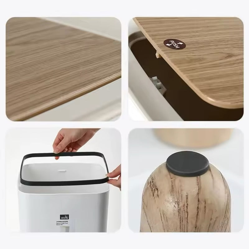 Trash Can with Lid Press Dustbin for Living Room Toilet Bathroom Kitchen Garbage Bucket High Foot Imitation Wood Rubbish Can Home Refined Restroom