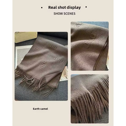 Fashion Design Blend Wool Scarf Women Embossed Simple Warm Muffler Female New Type Imitation Cashmere Thick Fringed Shawl Ladies Women Woollen