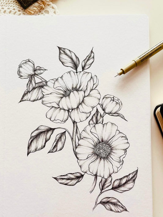 Original Floral Drawing New Blooming Flower Pen Sketch on A4 or A3 Cartridge 130 gsm Paper (NO FRAME) - Limited Edition