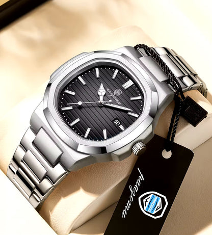 New POEDAGAR Luxury Watch Business Waterproof Male Clock Luminous Date Stainless Steel Square Quartz Male Watch