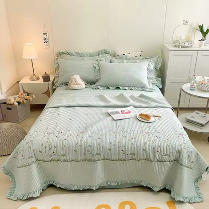 3 pc Korean Princess Ruffles Flowers Embroidery Summer Quilt Bedspread on the bed Quilt Air-conditioning Blanket Bedding Set