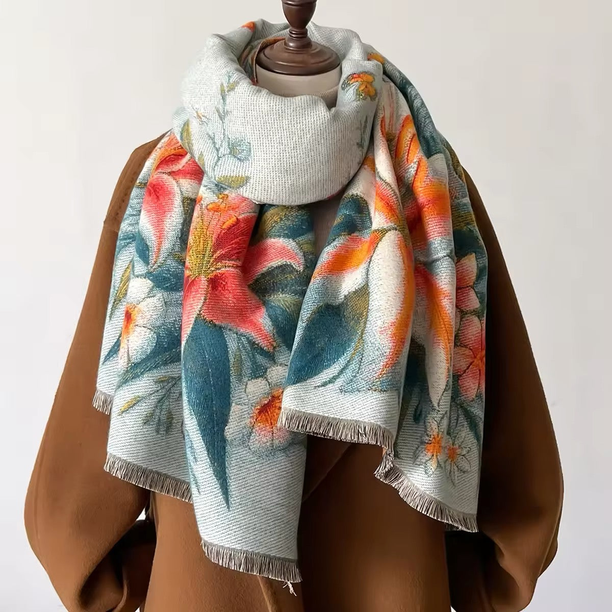 New Luxury Women Floral Double Sided Cashmere Touch Scarf - Warm Fringe Pashmina Shawl Bufanda UK