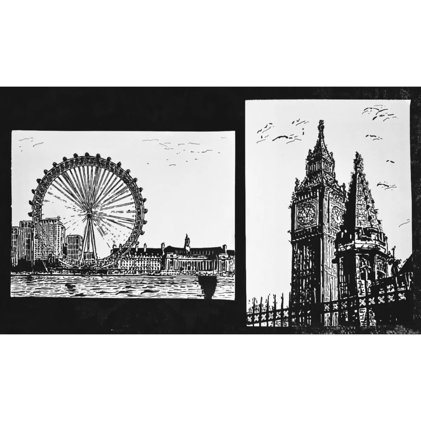 Original New Hand-Drawn London Eye, Big Ben Sketch on A4 or A3 Cartridge 130 gsm Paper (NO FRAME) - Limited Edition