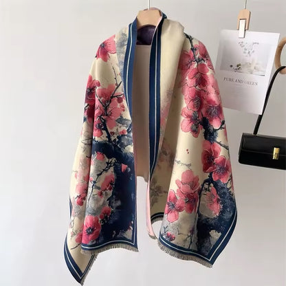 New Luxury Women Floral Double Sided Cashmere Touch Scarf - Warm Fringe Pashmina Shawl Bufanda UK