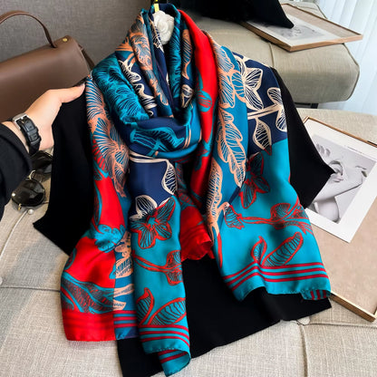 180X90CM Satin Shawls Autumn Colour Print Bandanna Luxury Silk Scarf Scarves Popular Sunscreen Beach Towel Foulard Women Silk Satin