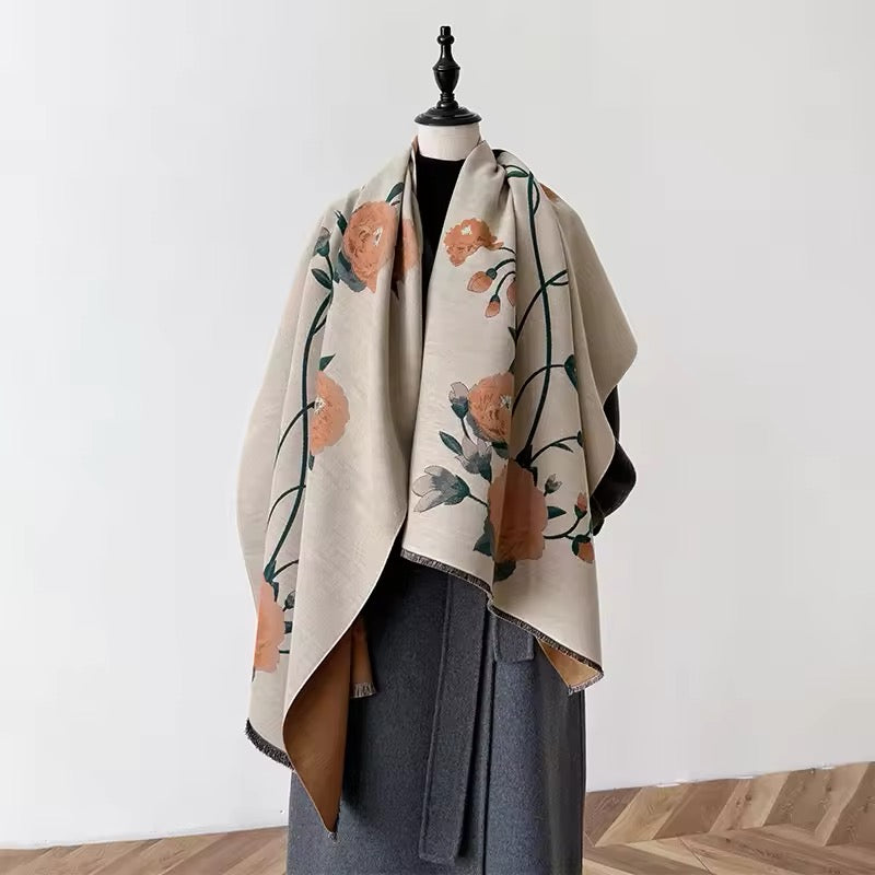 New Luxury Women Floral Cashmere Touch Flower Scarf - Warm Fringe Pashmina Shawl Bufanda UK