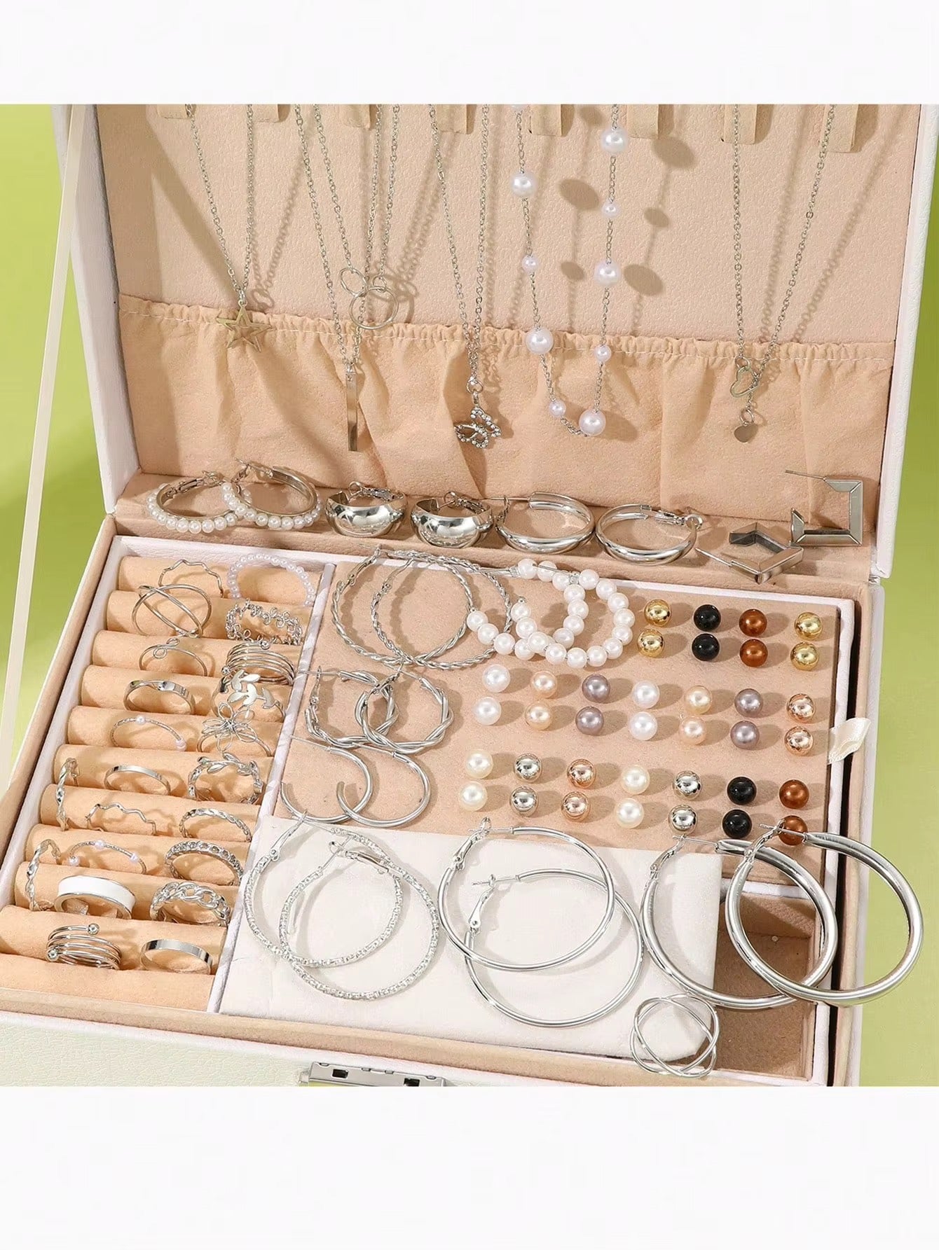 86pcs/Set Elegant Pearl Earrings Multi-Layered Necklace Ear Studs Rings 4-In-1 Jewelry Set For Women Daily Wear Gift (No Box) Jewellery Accessory