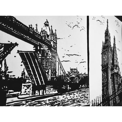 Original New Hand-Drawn Tower Bridge, Big Ben Sketch on A4 or A3 Cartridge 130 gsm Paper (NO FRAME) - Limited Edition