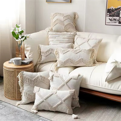 100% Cotton Linen Cushion Covers TasselsHand-woven Thread Pillow Covers Geometry Bohemia Style Pillowcase Home Beddings