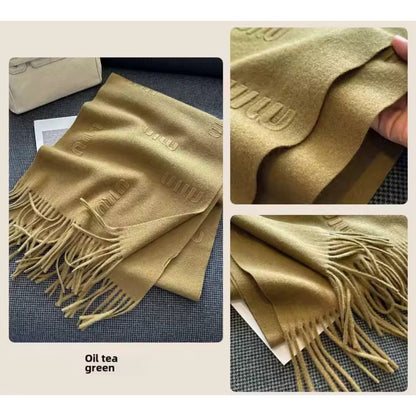 Fashion Design Blend Wool Scarf Women Embossed Simple Warm Muffler Female New Type Imitation Cashmere Thick Fringed Shawl Ladies Women Woollen