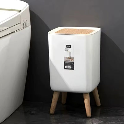 Trash Can with Lid Press Dustbin for Living Room Toilet Bathroom Kitchen Garbage Bucket High Foot Imitation Wood Rubbish Can Home Refined Restroom