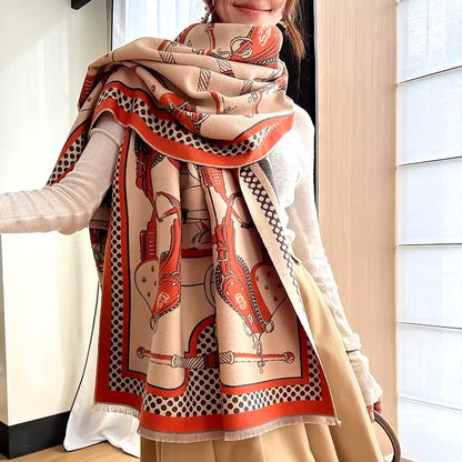 New Luxury Women Limited Edition Horse Design Cashmere Touch Scarf - Warm Fringe Pashmina Shawl Bufanda UK