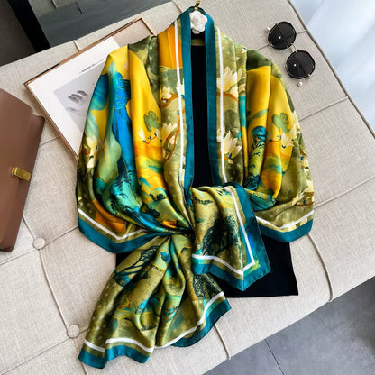 180X90CM Satin Shawls Autumn Colour Print Bandanna Luxury Silk Scarf Scarves Popular Sunscreen Beach Towel Foulard Women Silk Satin