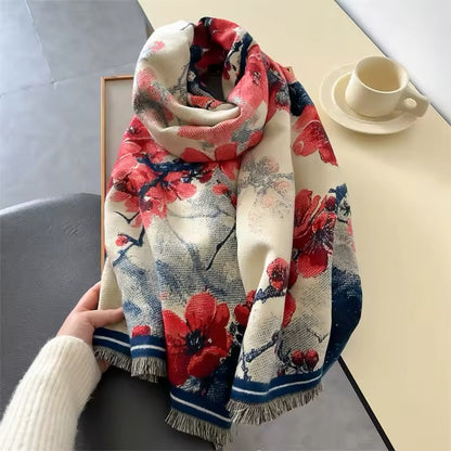 New Luxury Women Floral Double Sided Cashmere Touch Scarf - Warm Fringe Pashmina Shawl Bufanda UK