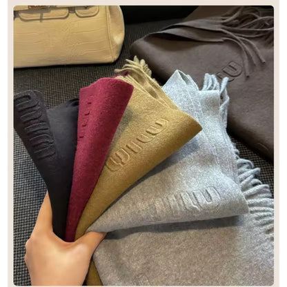 Fashion Design Blend Wool Scarf Women Embossed Simple Warm Muffler Female New Type Imitation Cashmere Thick Fringed Shawl Ladies Women Woollen