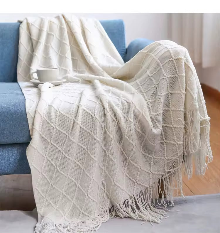 Knitted Throw Blanket for Beds Sofa with Tassel Gray Blue Solid Textured Plaid Sofa Cover Nordic Home soft Nap Custom Blanket Home Beddings