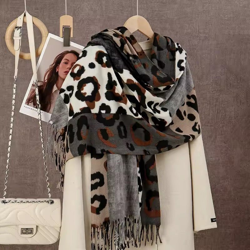 New Leopard Print Scarf Thickened Animal Cheetah Print Warm Cashmere Double Sided Scarves Luxury Pashmina Viscose Wool Fashion Shawl Women Allure UK