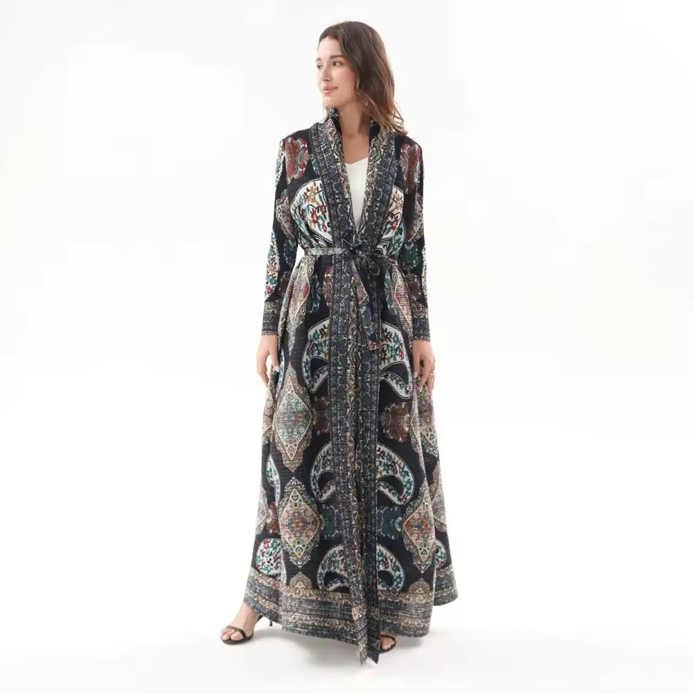 New Women Abaya Vintage Printed Design Lapel Long Sleeved Cardigan Loose Big Collar Tied Arabian Luxury Burqa  UK