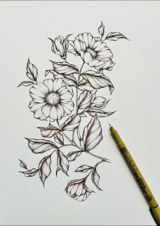 Original Floral Drawing New Blooming Flower Pen Sketch on A4 or A3 Cartridge 130 gsm Paper (NO FRAME) - Limited Edition