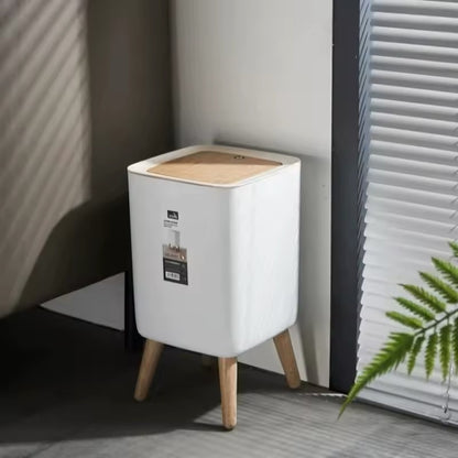 Trash Can with Lid Press Dustbin for Living Room Toilet Bathroom Kitchen Garbage Bucket High Foot Imitation Wood Rubbish Can Home Refined Restroom