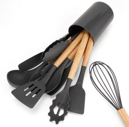 12Pcs Silicone Kitchen Utensils Spatula Shovel Soup Spoon Cooking Tool with Storage Bucket Non-Stick Wood Handle Kitchen Home Gadgets