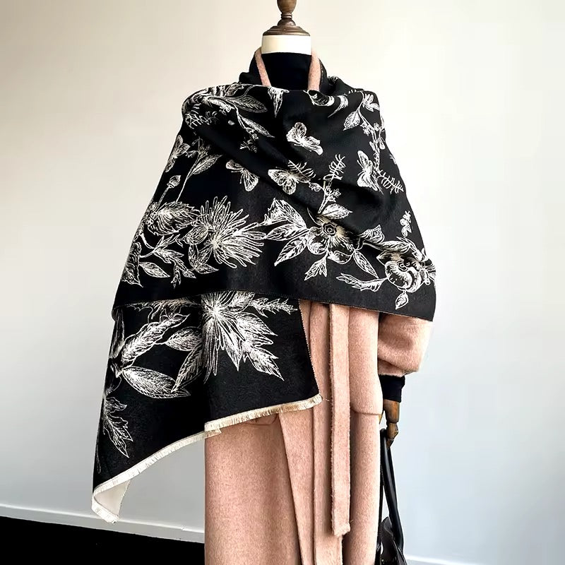 New Luxury Women Floral Cashmere Touch Flower Landscape Scarf - Warm Fringe Pashmina Shawl Bufanda UK