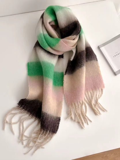 Cashmere Autumn Winter Plaid Scarf Women Luxury Accessories Warmth Polychrome Tassels Pashmina Scarf Furry Mohair Shawl Women Woollen