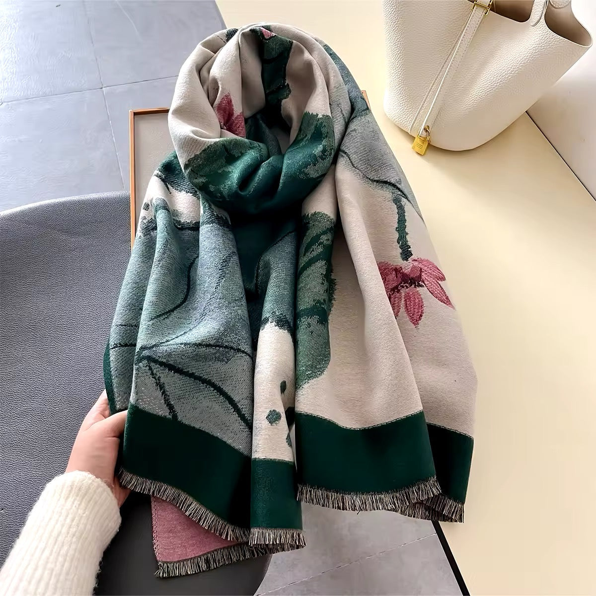 New Luxury Women Floral Double Sided Cashmere Touch Scarf - Warm Fringe Pashmina Shawl Bufanda UK