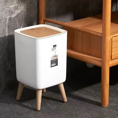 Trash Can with Lid Press Dustbin for Living Room Toilet Bathroom Kitchen Garbage Bucket High Foot Imitation Wood Rubbish Can Home Refined Restroom