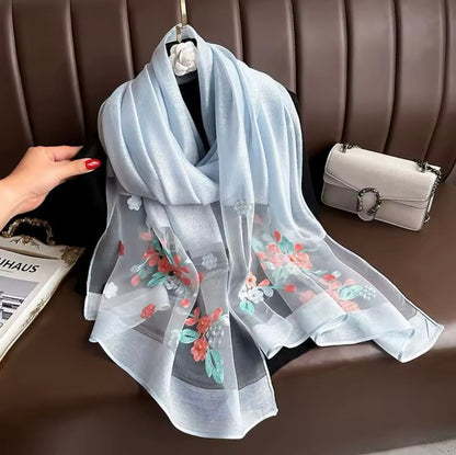 New Women Embroidered Nail Bead Simulation Silk Scarf Elegant and Versatile for Women Embroidered Begonia Flower Long Summer Sunscreen Scarves Echarpe Shawl Large Wrap UK