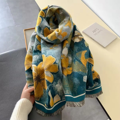 New Luxury Women Floral Double Sided Cashmere Touch Scarf - Warm Fringe Pashmina Shawl Bufanda UK