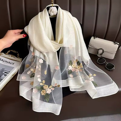 New Women Embroidered Nail Bead Simulation Silk Scarf Elegant and Versatile for Women Embroidered Begonia Flower Long Summer Sunscreen Scarves Echarpe Shawl Large Wrap UK