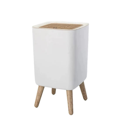 Trash Can with Lid Press Dustbin for Living Room Toilet Bathroom Kitchen Garbage Bucket High Foot Imitation Wood Rubbish Can Home Refined Restroom