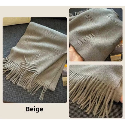 Fashion Design Blend Wool Scarf Women Embossed Simple Warm Muffler Female New Type Imitation Cashmere Thick Fringed Shawl Ladies Women Woollen