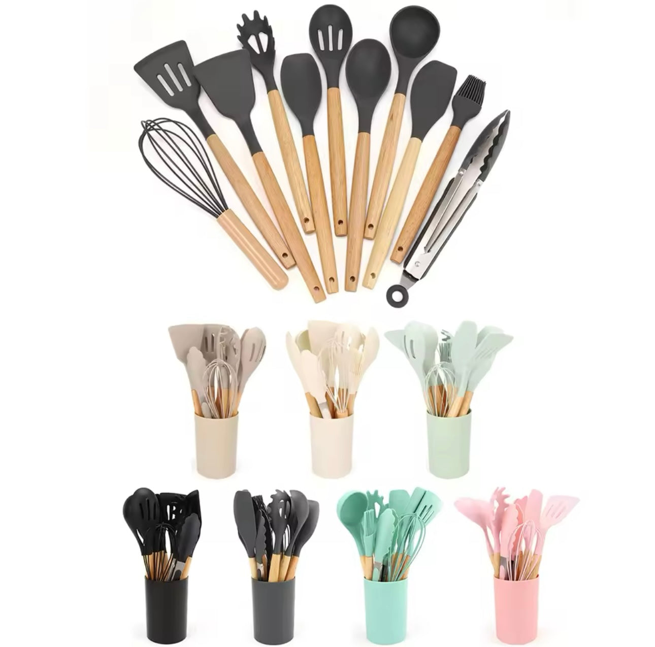 12Pcs Silicone Kitchen Utensils Spatula Shovel Soup Spoon Cooking Tool with Storage Bucket Non-Stick Wood Handle Kitchen Home Gadgets