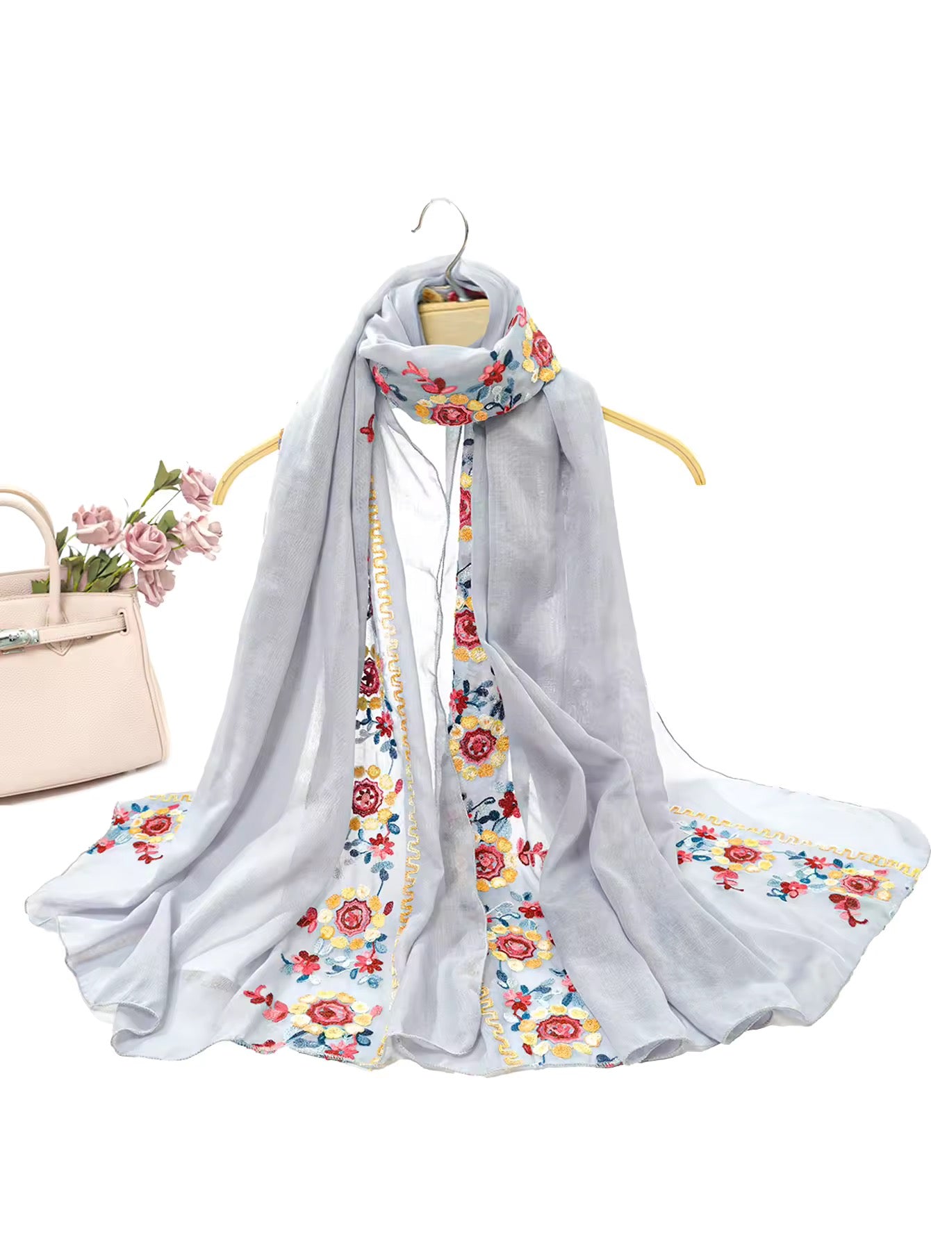 New Women Embroidered Scarf Elegant and Versatile for Women Embroidered Flower Long Summer Sunscreen Scarves Echarpe Shawl Large Wrap UK