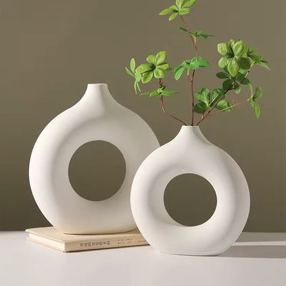 Imitation Ceramic Pure White Vase Decorative Vasen Single Branch Flower Arranging Ornament Donut Design Flowerpot Table Home Decor