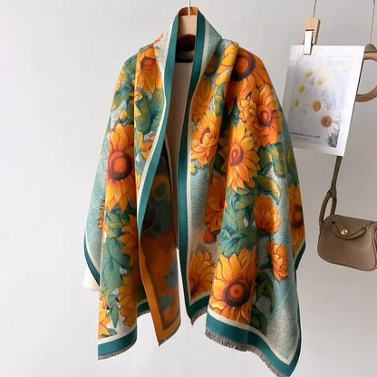 New Luxury Women Floral Double Sided Cashmere Touch Scarf - Warm Fringe Pashmina Shawl Bufanda UK