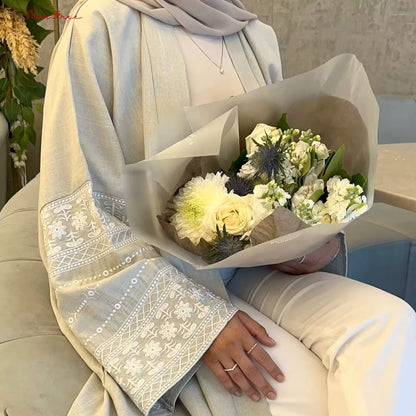 Women Abaya Fashion Embroidery Kimono Oversized Muslim Robe Syari Female Full Length Muslim Outerwear Worship Service Abaya With Belt