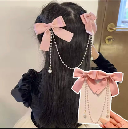 Sweet Princess Style Pink Pearls Chain Bow Hair Clip Women Children's Cute Back Head Hairpins Hair Clips Girls Hair Kids Accessories