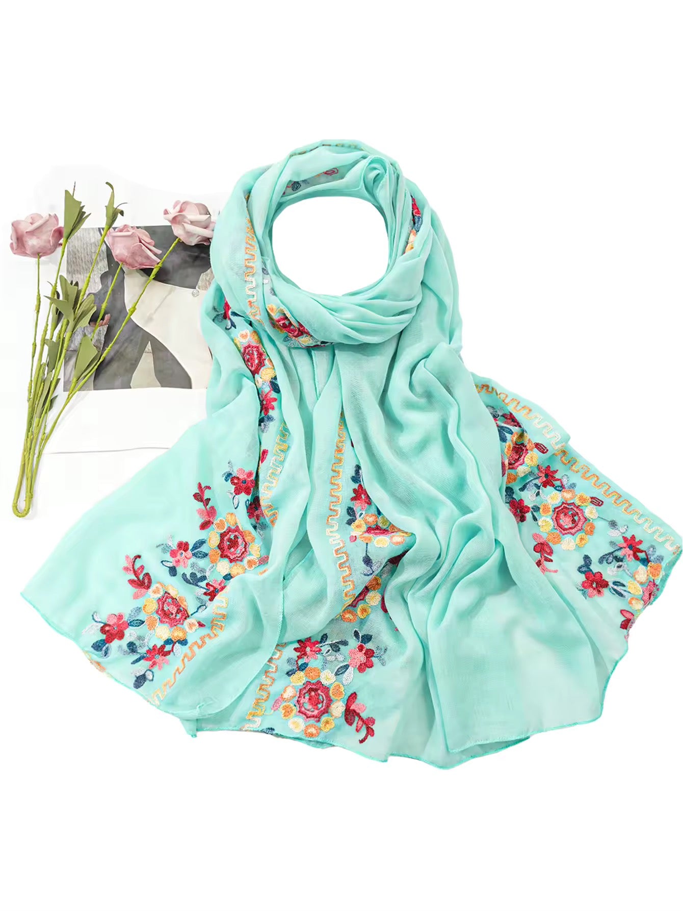 New Women Embroidered Scarf Elegant and Versatile for Women Embroidered Flower Long Summer Sunscreen Scarves Echarpe Shawl Large Wrap UK